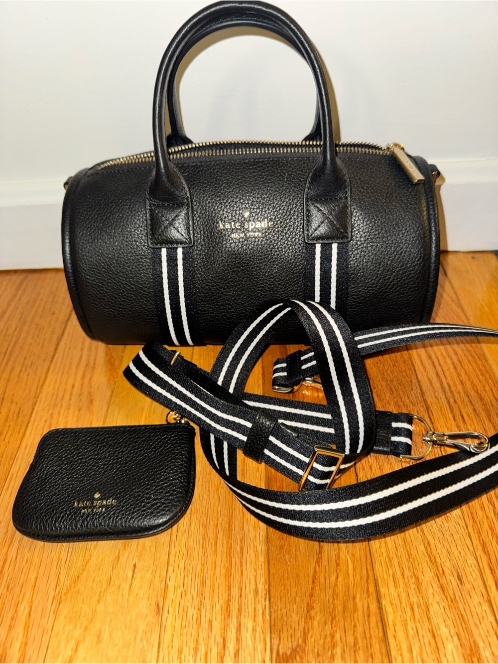 kate spade Black Pebbled Leather Barrel Bag with Striped Strap